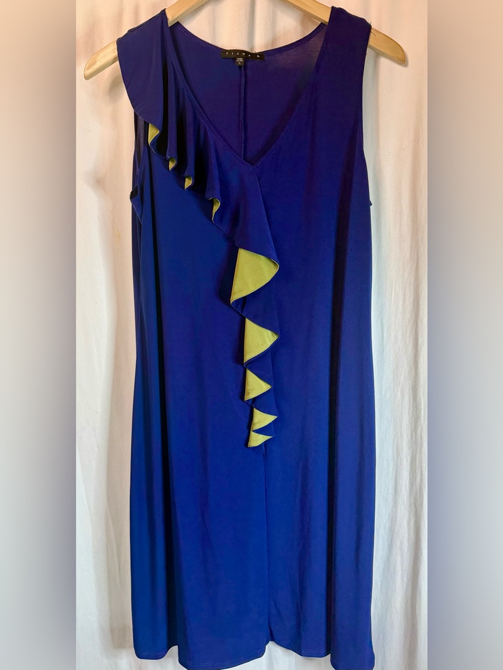Tiana B. Royal Blue Shift Dress with Lime Contrast Ruffle